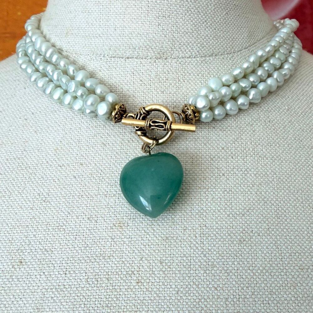 Lee Sands Cultured Freshwater Pearl Multi Strand Necklace Green Aventurine Heart